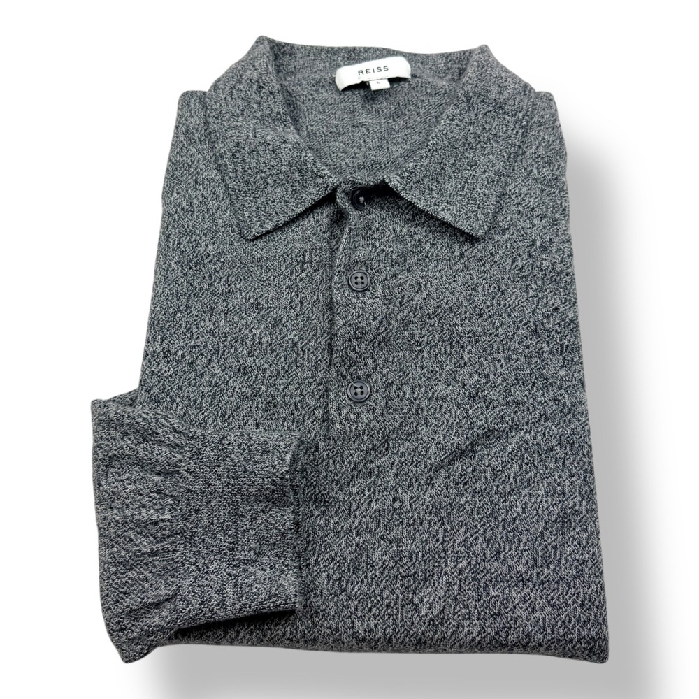 Reiss Mens Large Gray Wool Blend Long Sleeve Jumper Polo Shirt Knit Sweater 0585